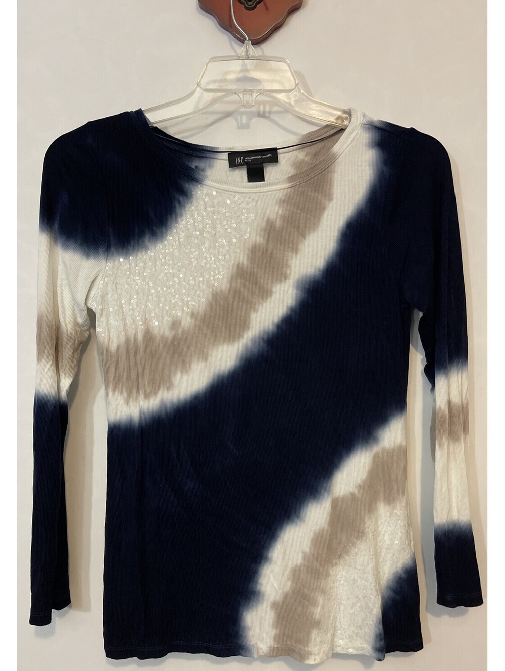 INC International Concepts Womens PXL Blue Sequined Striped Tie-Dye Blouse A4669